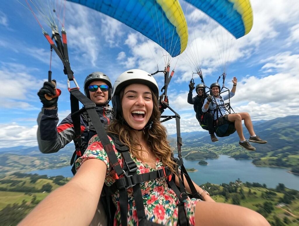 Pareja disfrutando vuelo en parapente